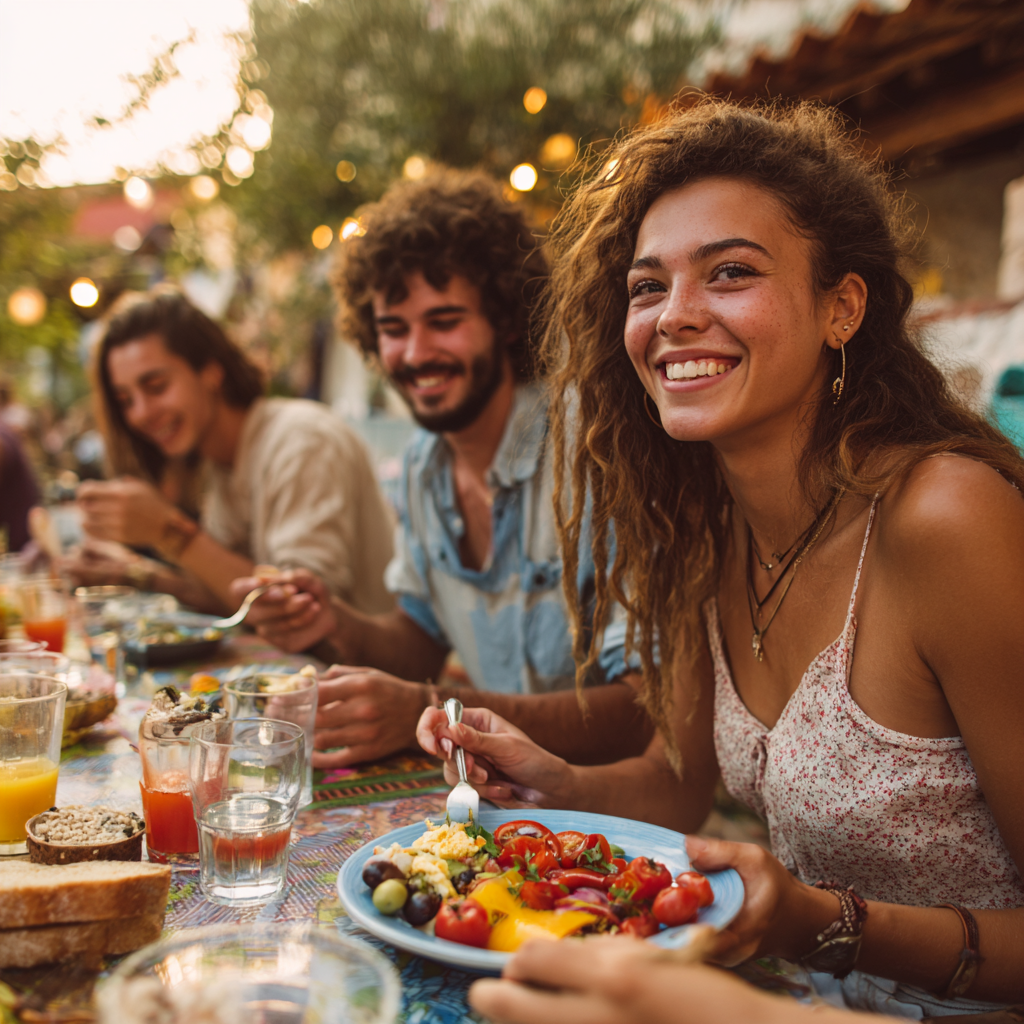 Mosolygós középkorú magyar férfi és nő egészséges ételekkel a konyhában, magyar hagyományos elemek között