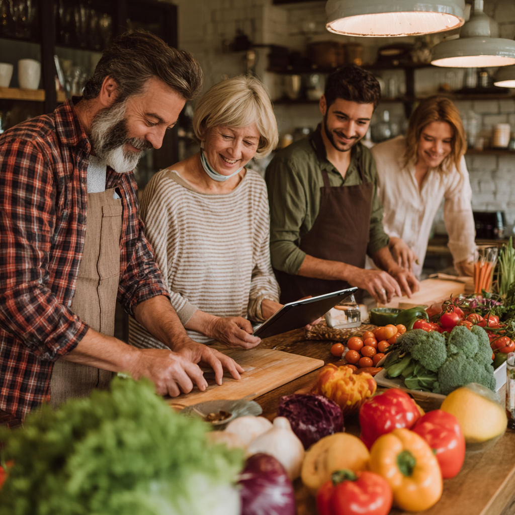 Fiatal és idősebb magyar nők együtt főznek egészséges ételeket modern konyhában, generációk közötti tudásátadás
